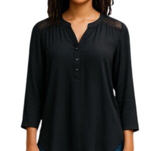 DR2 Lace Shoulder Detail Tunic Blouse Black 1/4 Button Semi Sheer Hi-low Size M